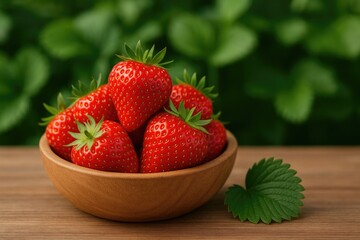 Fresh strawberries in a bowl with a leaf