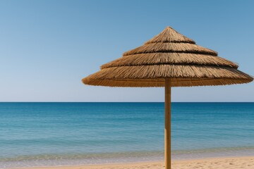 A shaded straw umbrella overlooking tranquil turquoise waters on a bright summer afternoon