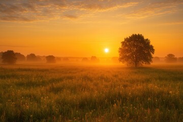 Fototapeta premium Morning glow over the grassy field during summer