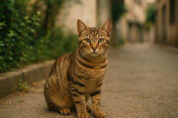 Fototapeta premium Feral Feline Roaming the City Streets with Brown Stripes