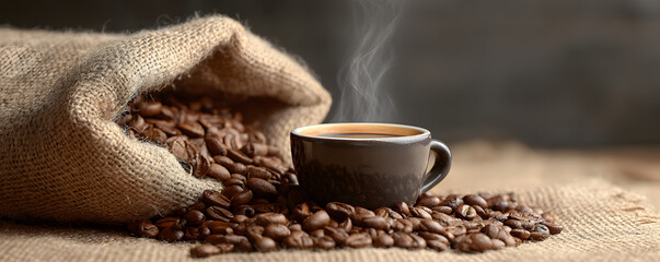Coffee beans and a steaming cup of espresso on a burlap sack, representing coffee s global journey