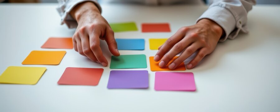 a minimalist shot of an executive's hands arranging color coded cards on a table, showing organization, clarity, and thoughtful decision making.