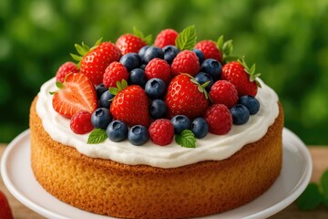 Creamy summer sponge with tart cream and seasonal berries