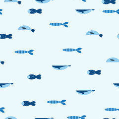 Seamless cartoon pattern with various flat-style marine fish in different shades of blue. Light blue background creates a calm ocean mood. Great for packaging, fabric, and kids' products