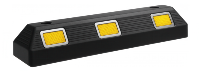 Heavy-duty rubber wheel stop with embedded reflective markers for parking lot applications in a commercial facility