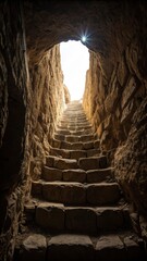 Ancient stone staircase leading to a bright opening in a cave