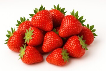 Stacked pile of fresh strawberries against a plain white backdrop