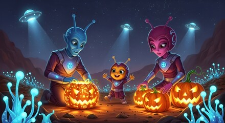 Alien Family Carving Pumpkins on a Distant Planet for Halloween | Extraterrestrial Holiday Scene with UFOs and Glowing Plants