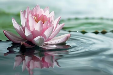 Beautiful pink water lily with delicate petals floating serenely on a calm water surface, creating a tranquil and peaceful atmosphere