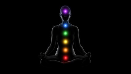 Silhouette of a person meditating in lotus position with seven colorful chakras aligned from head to pelvis, set against a black background.