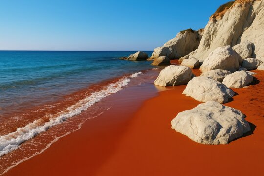 Breathtaking crimson sands and pristine white stones along a scenic coastline