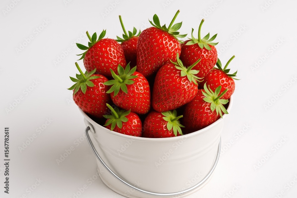 Poster fresh strawberries with stems stored in a white container