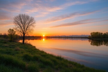 Dawn breaks over a serene lake amidst a wildlife refuge, casting gentle hues across the sky