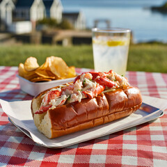 Classic New England lobster roll with fresh lobster meat and dressing in a toasted bun, served with chips and lemonade on a red-white picnic table near the coast. Summer seaside meal in bright natural