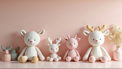 Naklejka premium Soft Plush Toys Arrangement on Pink Background
