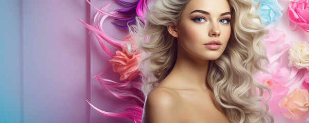 Naklejka premium Beautiful Young Woman With Curly Hair Posing Against a Colorful Floral Backdrop in a Bright Studio Setting