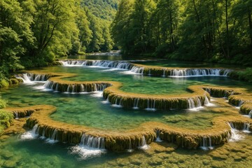 Natural Mineral Pools at a River Waterfall in a National Park, Early Autumn