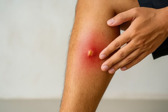 Insect bite causes infection to spread on an Asian man's leg
