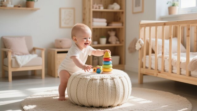 Adorable baby playing with colorful stacking toy in a cozy, sunlit nursery, showcasing early childhood development and playful learning .