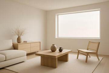 modern living room. modern minimalist room with neutral tones, natural wood furniture, soft lighting, and clean lines. The space exudes calmness, simplicity, and contemporary elegance.




