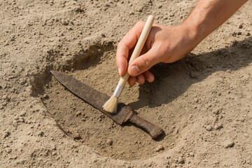 Human hand discovering ancient knife during excavation