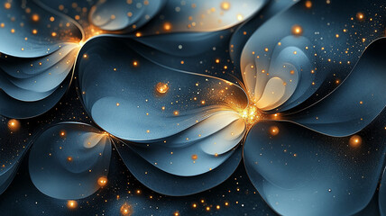 Dark blue waves with sparkling golden dust and spheres. Abstract background with elegant curves and glowing particles.