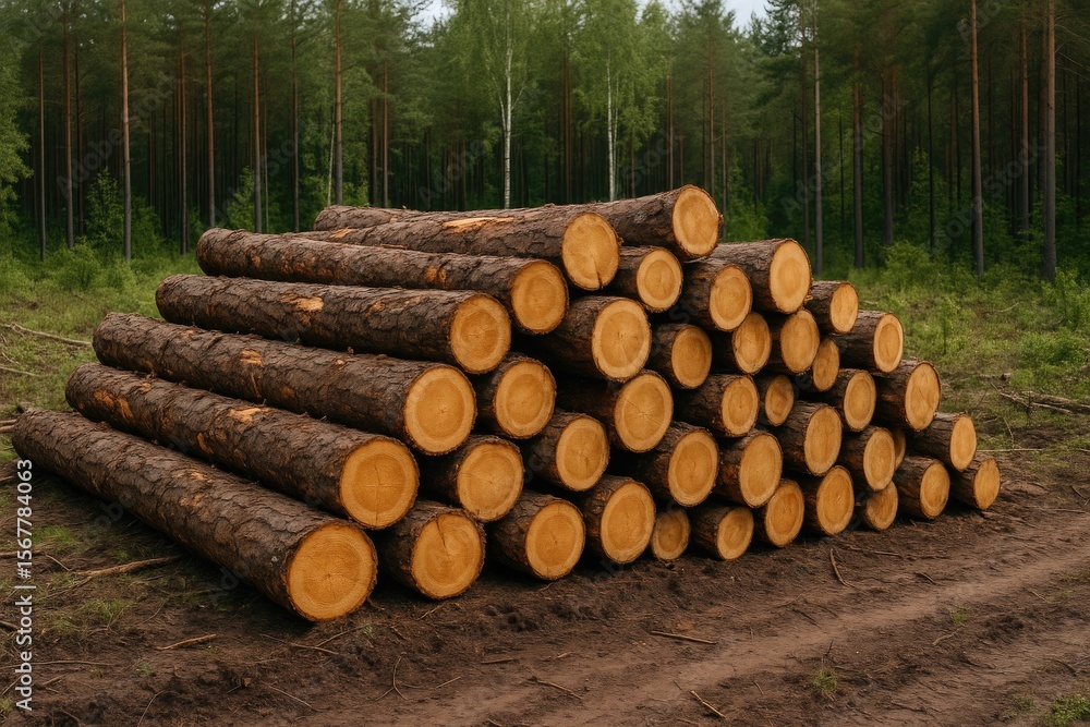 Aufkleber felled timber resting on the forest floor with a backdrop of trees, highlighting issues of illegal l