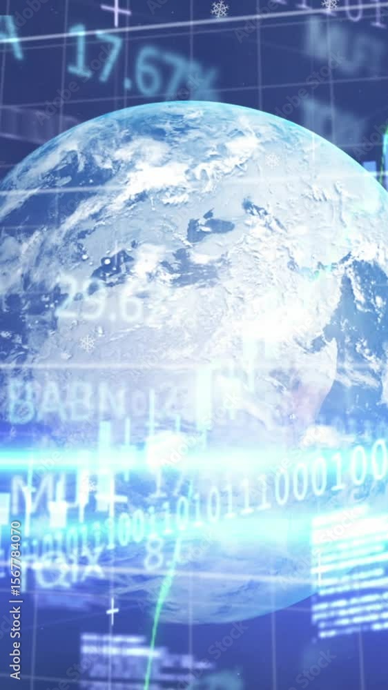Aufkleber animation of financial data processing over globe and grid