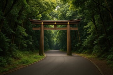 Pathway through the woods guiding to the sacred gateway of a shrine