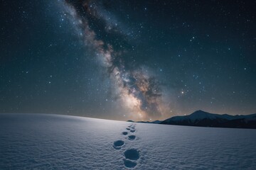 A snowy landscape marked by footprints under a sparkling galaxy overhead