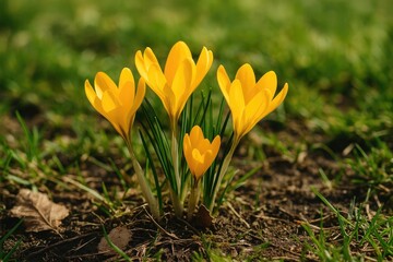Fototapeta premium First yellow crocuses bloom in the springtime garden