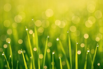 Obraz premium Morning dew droplets on the grassy field