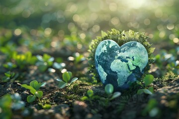 Earth globe in the shape of a heart surrounded by lush greenery symbolizing environmental protection and sustainability