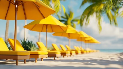 Naklejka premium Relaxing beach lounge setup with turquoise sea backdrop high resolution picture