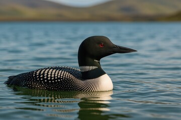 A Common Loon (Gavia immer) resting on a lake in a remote Icelandic area