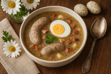 Traditional sour rye soup with fermented rye flour and cured meats