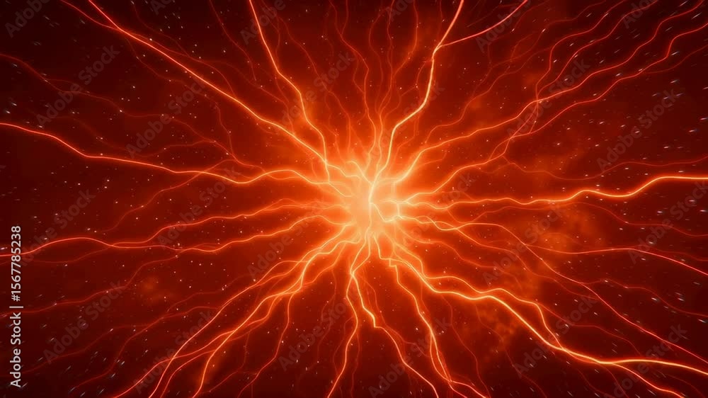 Poster bright orange-red lightning-like energy network expanding from central point against dark background