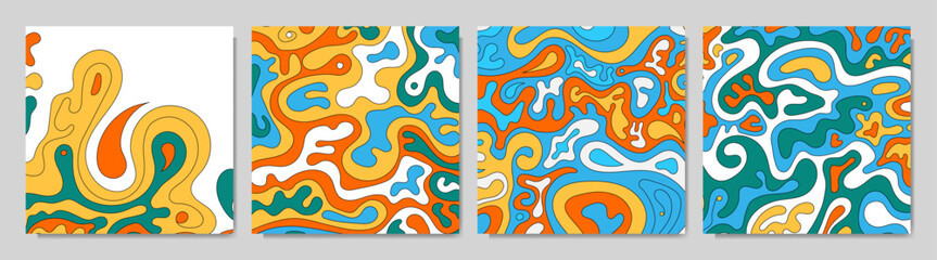 Vector illustration. Set of liquid flay style backgrounds. Trendy color design elements for social media template, web banner, blog post, square wallpaper. Chemical concept of bacteria and cells