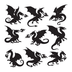 Black dragon silhouettes breathing fire wings mythical