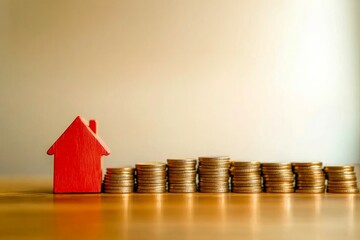 Real estate concept background. House model and coins stack on wooden table, copy space. 