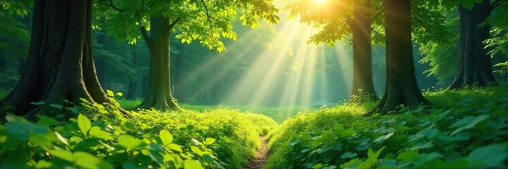 Sun-Dappled Summer Forest Lush Green Canopy Illuminates Forest Floor, Creating a Magical Atmosphere. Perfect for Travel, Nature, and Environmental Projects.