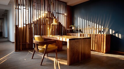 Wooden desk and chair in a modern interior space