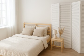 Inside a bright bedroom featuring a comfortable bed and a white folding partition