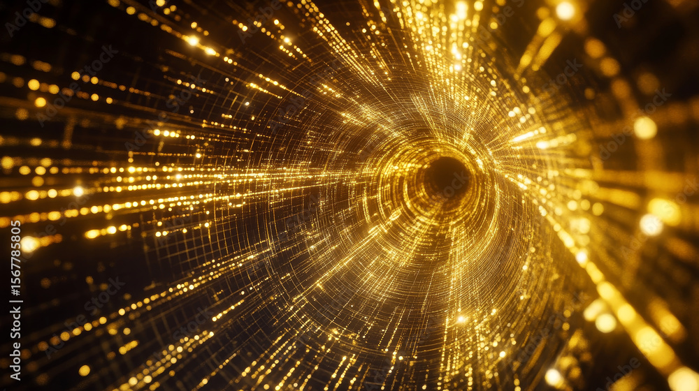 Poster a 3d rendered loop of a digital plexus tunnel made of dotted golden lines, creating a mesmerizing, f