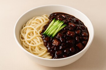 Korean Jajangmyeon dish showcased on minimalistic backdrop