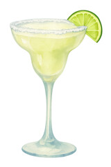 Watercolor Margarita Cocktail with Lime on Transparent Background