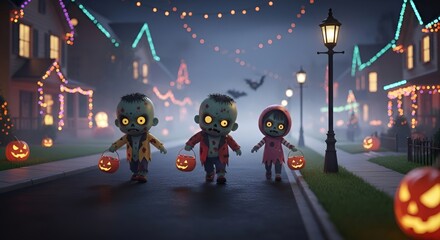 Zombie Children Trick-or-Treating on Suburban Street at Night | Halloween Themed Illustration for Holiday Marketing and Festive Designs