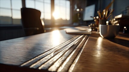 Wooden office desk illuminated by sunrise