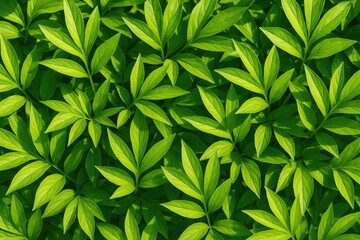Fototapeta premium Bright green foliage with cheerful bunny illustrations from above, showcasing springtime peony leaves as an abstract nature scene.