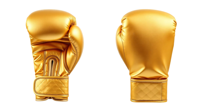 Golden boxing gloves in front and back view, mockup isolated on transparent background